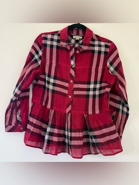 Burberry Brit Peplum Plaid Shirt |Red Nova Check Sheer Button Down Top Women’s M
